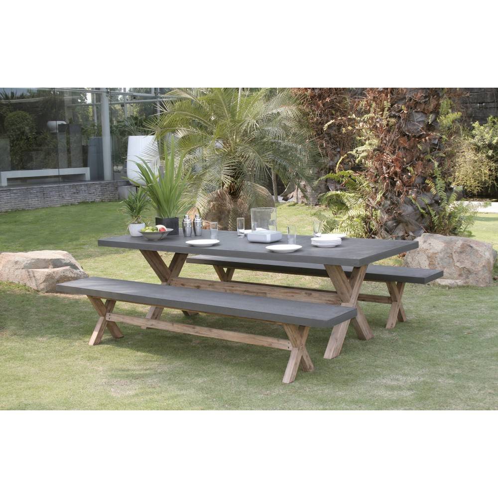 Macabane - HECTOR - Ensemble jardin béton et acacia - Table 200*100 cm et 2 bancs - Imagen 5