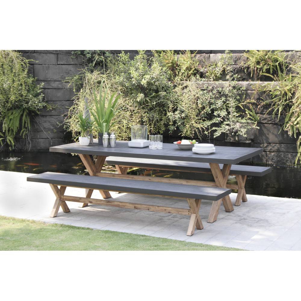 Macabane - HECTOR - Ensemble jardin béton et acacia - Table 200*100 cm et 2 bancs - Imagen 2