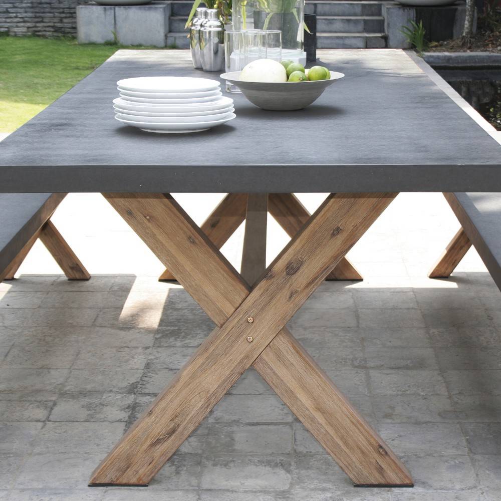 Macabane - HECTOR - Ensemble jardin béton et acacia - Table 200*100 cm et 2 bancs - Imagen 4