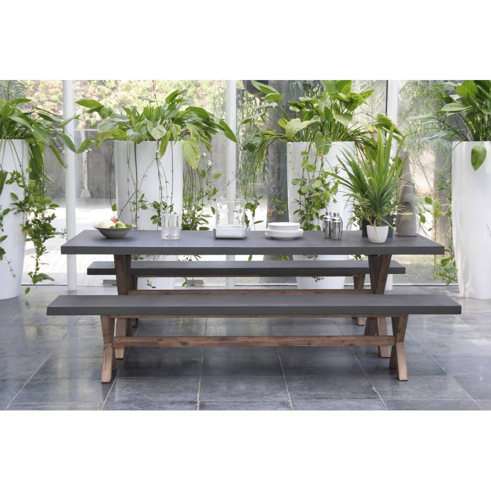 Macabane - HECTOR - Ensemble jardin béton et acacia - Table 200*100 cm et 2 bancs - Imagen 6