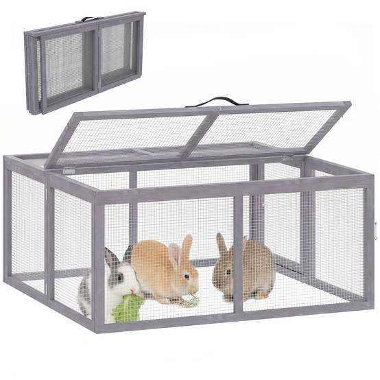 Enclos lapin pliable en bois pour extérieur avec toit ouvrant 110x105x50cm gris - ComfortXL Outdoor Living - Image 1