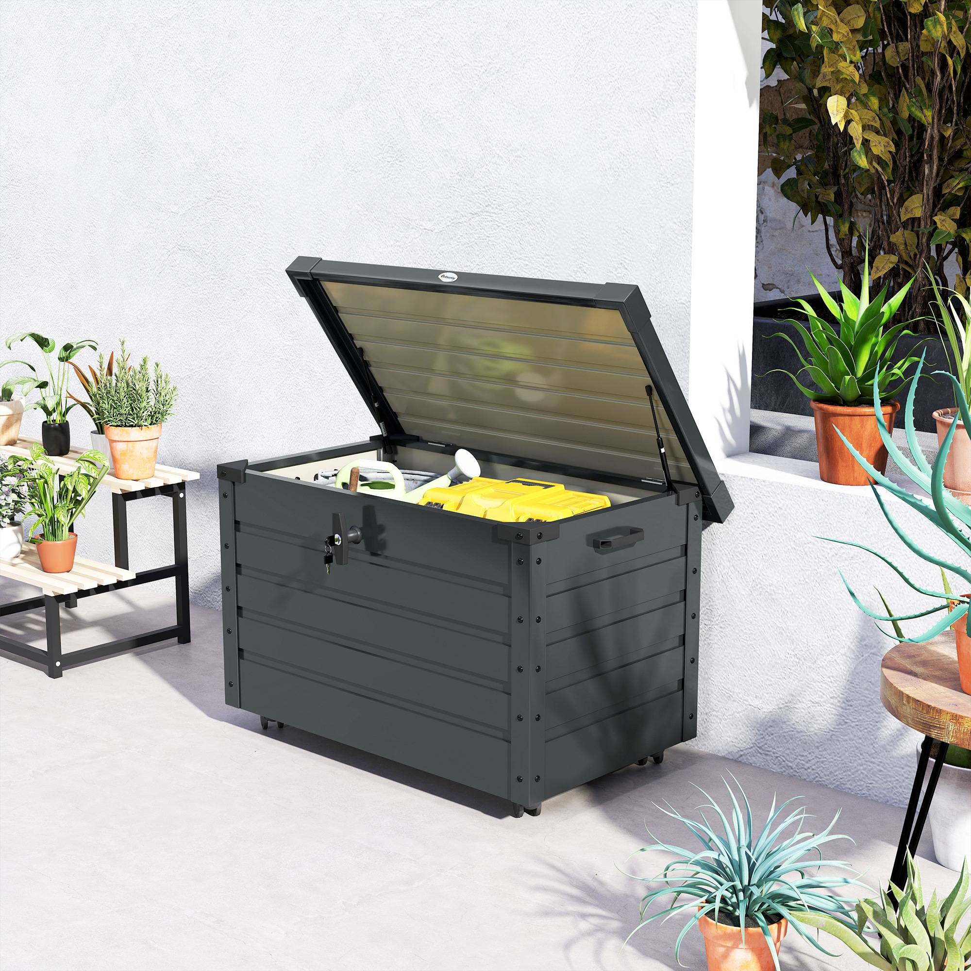 ComfortXL - Coffre de rangement acier galvanisé 295 L gris foncé pour jardin mobile verrouillable - ComfortXL Outdoor Living - Image 9