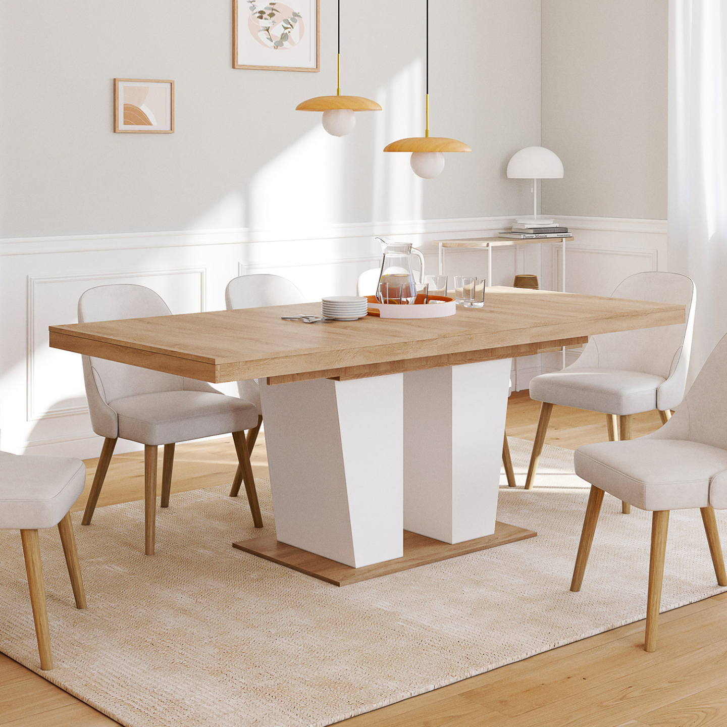 Table à manger extensible rectangle ELIAD 6-10 personnes bois et blanc 160-200 cm - Image 1