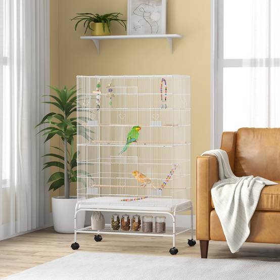 Cage à oiseaux sur pieds roulettes avec 4 mangeoires et 3 perchoirs 79 x 49 x 133 cm blanc - Image 4