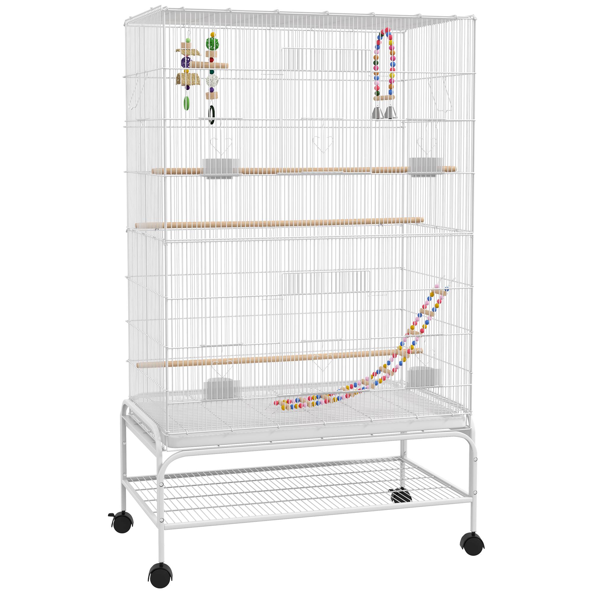 Cage à oiseaux sur pieds roulettes avec 4 mangeoires et 3 perchoirs 79 x 49 x 133 cm blanc - Image 8