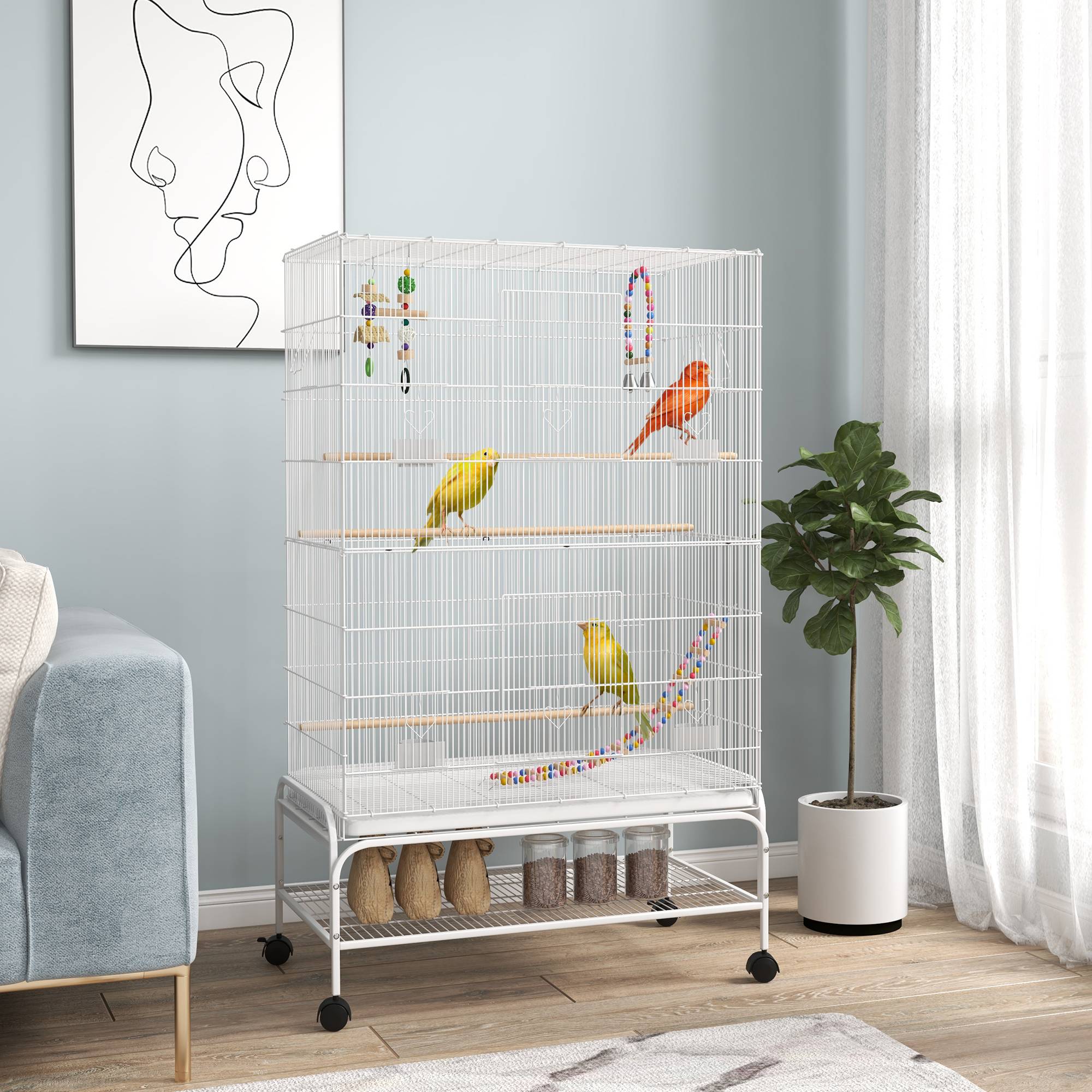 Cage à oiseaux sur pieds roulettes avec 4 mangeoires et 3 perchoirs 79 x 49 x 133 cm blanc - Image 3