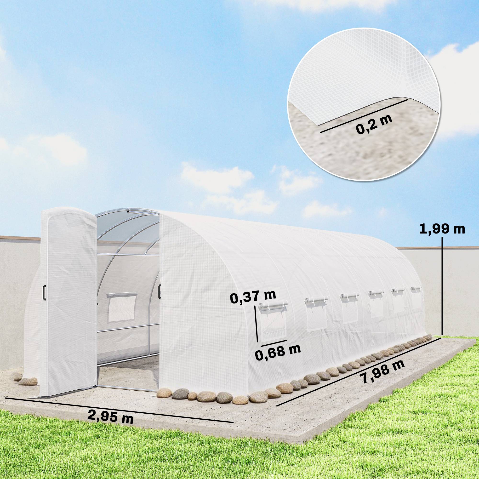 Sans Marque - Serre tunnel jardin 24m² portes 12 fenêtres moustiquaires 295x798x199cm blanc - Image 5