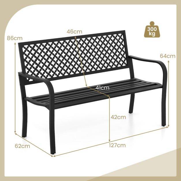 Helloshop26 - Banc de jardin chaise de patio en métal pour 2 personnes avec dossier ajouré & siège à lattes banc moderne de 127 cm de long noir - Imagen 5