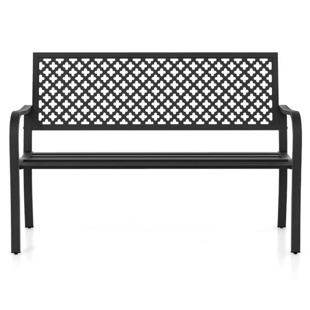 Helloshop26 - Banc de jardin chaise de patio en métal pour 2 personnes avec dossier ajouré & siège à lattes banc moderne de 127 cm de long noir - Imagen 2