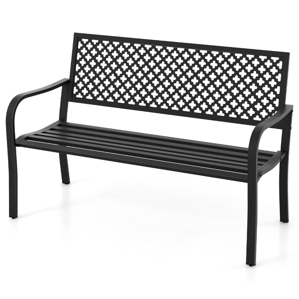 Helloshop26 - Banc de jardin chaise de patio en métal pour 2 personnes avec dossier ajouré & siège à lattes banc moderne de 127 cm de long noir - Imagen 1