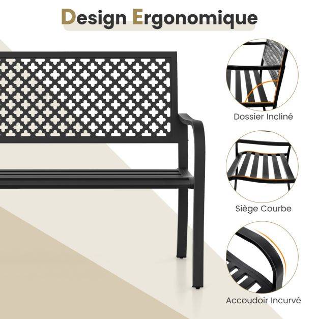 Helloshop26 - Banc de jardin chaise de patio en métal pour 2 personnes avec dossier ajouré & siège à lattes banc moderne de 127 cm de long noir - Imagen 3