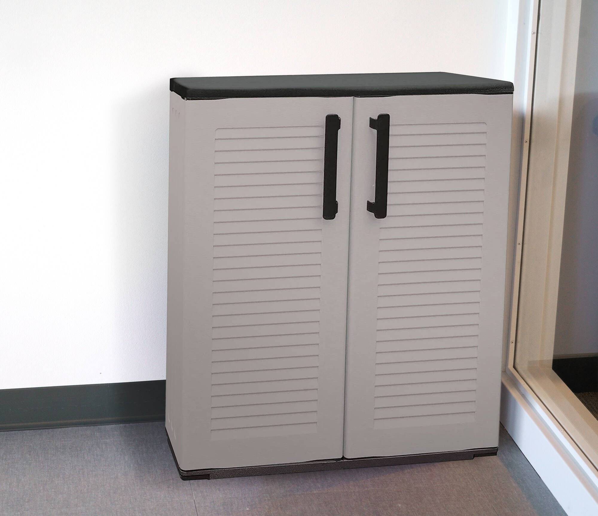 Dmora - Armoire d'extérieur Daltinie, Mobilier d'extérieur, Armoire de balcon polyvalente, Gris et Noir, Finition rayée, 68x37h84 cm - Dmora - Image 2