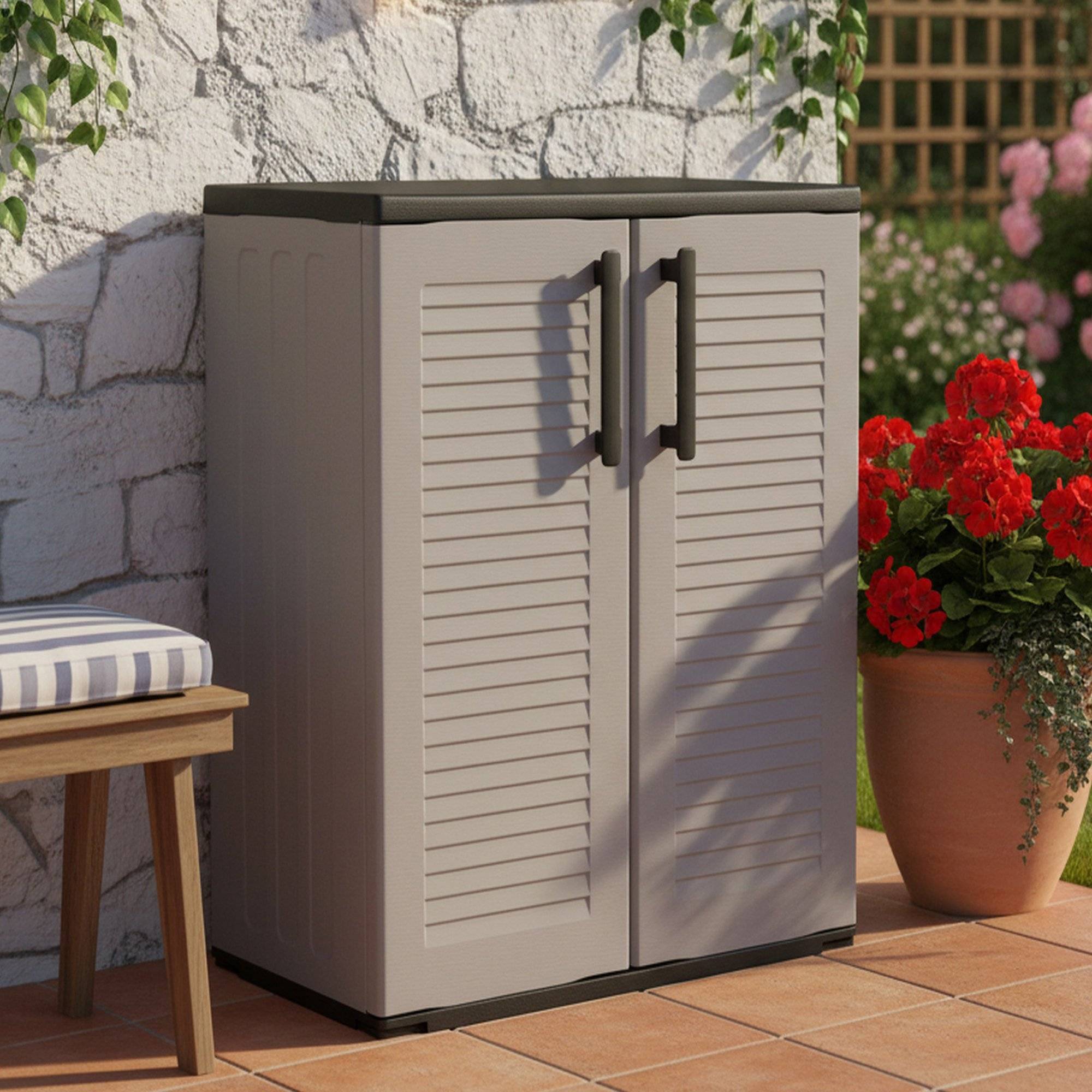 Dmora - Armoire d'extérieur Daltinie, Mobilier d'extérieur, Armoire de balcon polyvalente, Gris et Noir, Finition rayée, 68x37h84 cm - Dmora - Imagen 2