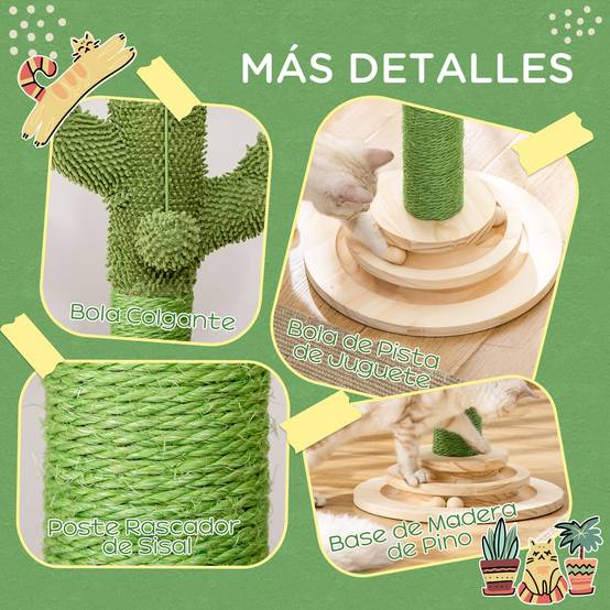 Griffoir pour Chat Design Cactus Poteau en Sisal Vert avec Balle et Jeu en Bois 60 cm - ComfortXL Outdoor Living - Image 7