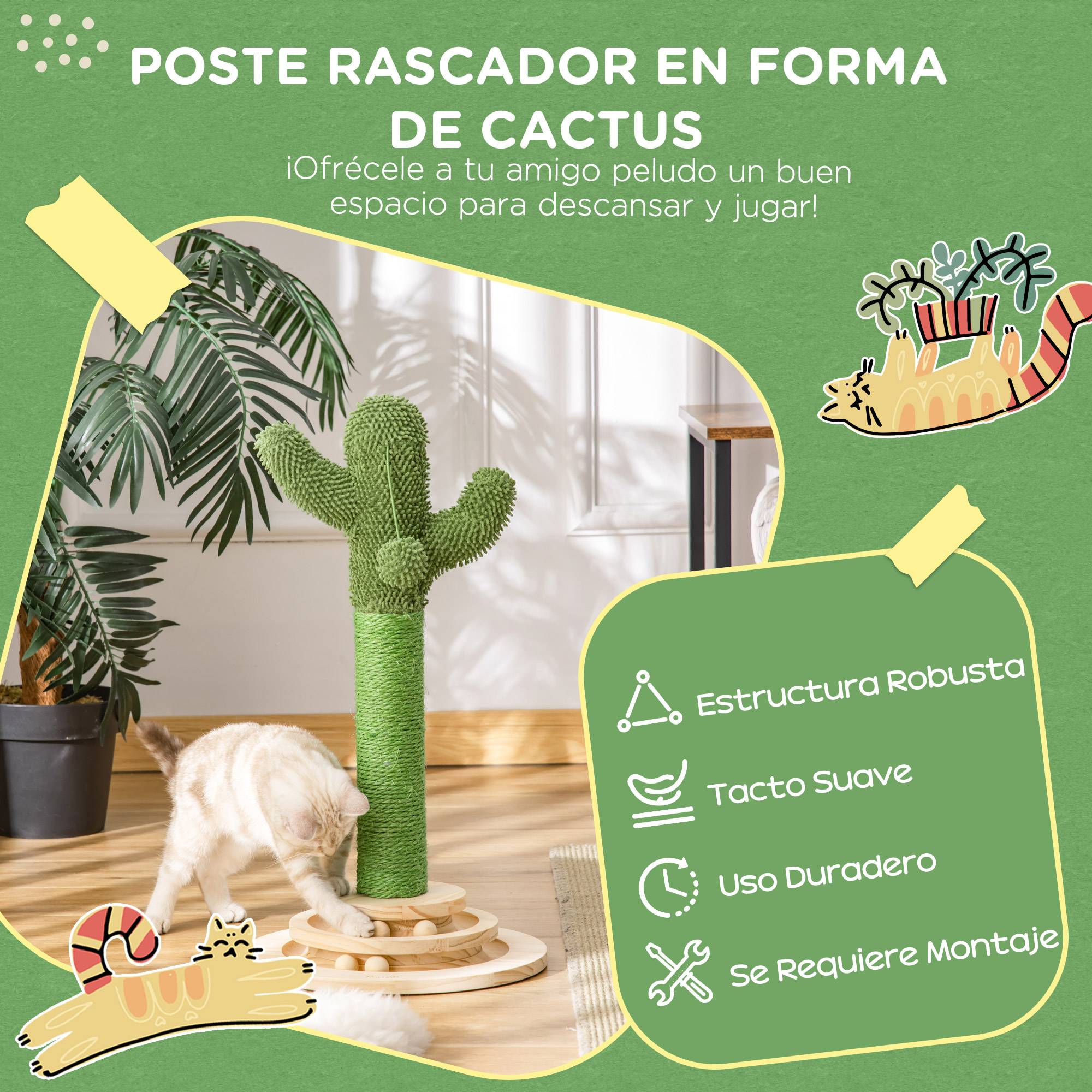 Griffoir pour Chat Design Cactus Poteau en Sisal Vert avec Balle et Jeu en Bois 60 cm - ComfortXL Outdoor Living - Image 6