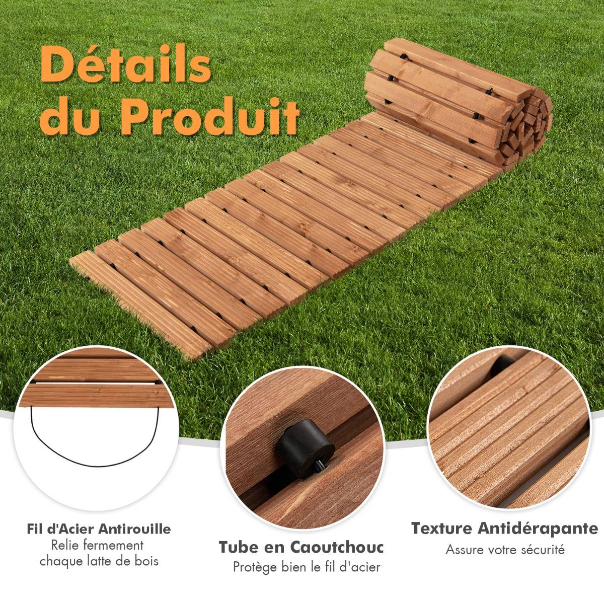 Allée de Jardin en Bois de 245 cm avec Fil d'Acier et Texture Antidérapante pour Jardin Cour Bord de Mer - Image 6