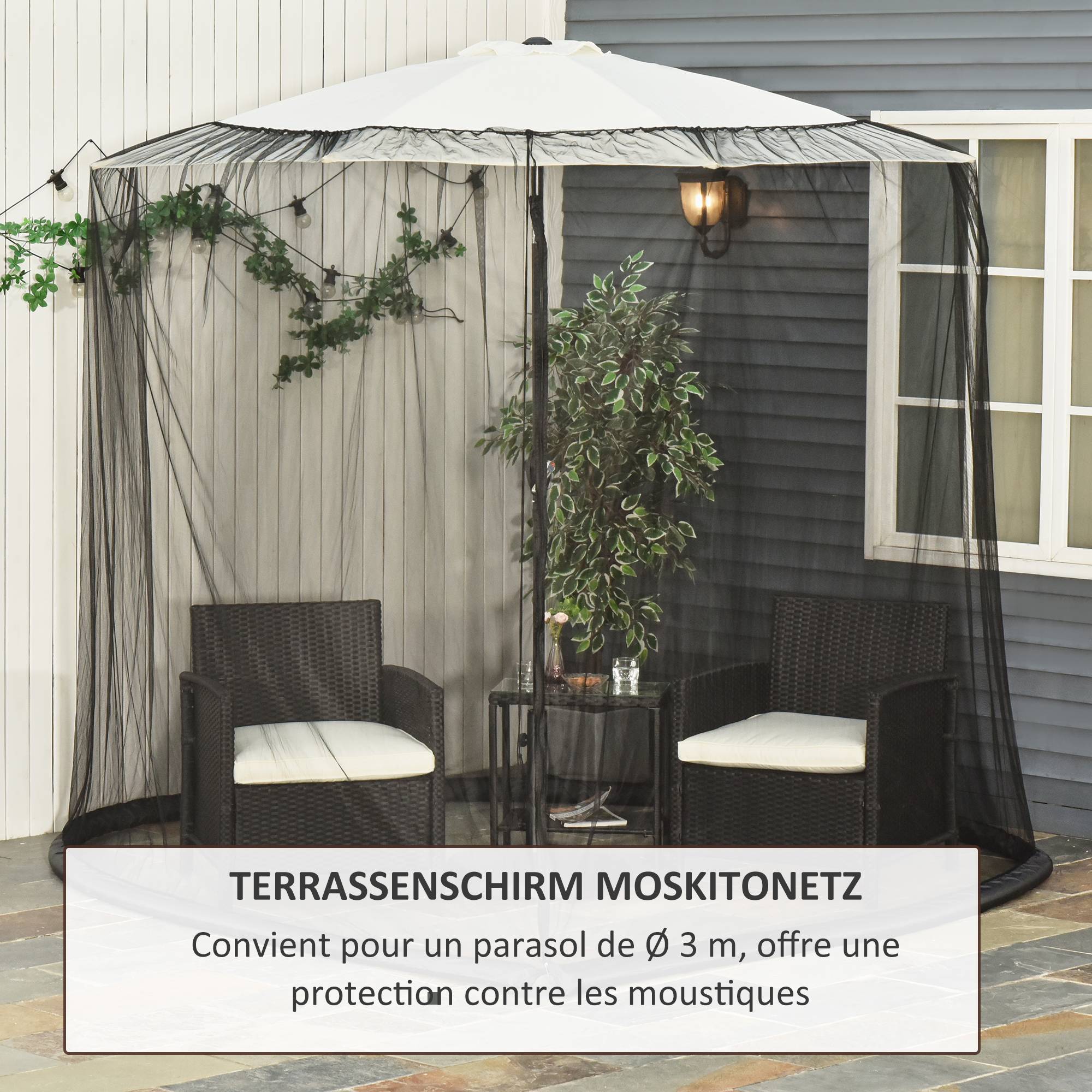 Moustiquaire pour parasol tissu Oxford jardin terrasse protection anti-insectes 300x230cm noir - ComfortXL Outdoor Living - Image 8
