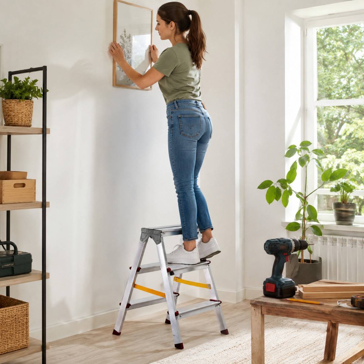 Escabeau Double 3 Marches Aluminium Pliable 65 cm – Marchepied Stable Antidérapant Charge 150 kg pour Bricolage et Travaux VITO - Image 5