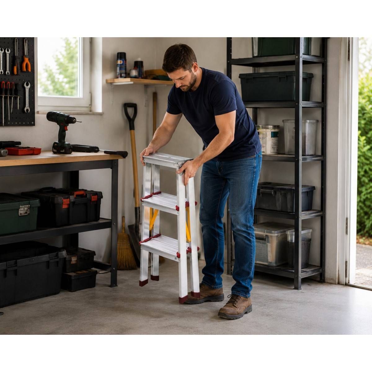 Escabeau Double 3 Marches Aluminium Pliable 65 cm – Marchepied Stable Antidérapant Charge 150 kg pour Bricolage et Travaux VITO - Image 3