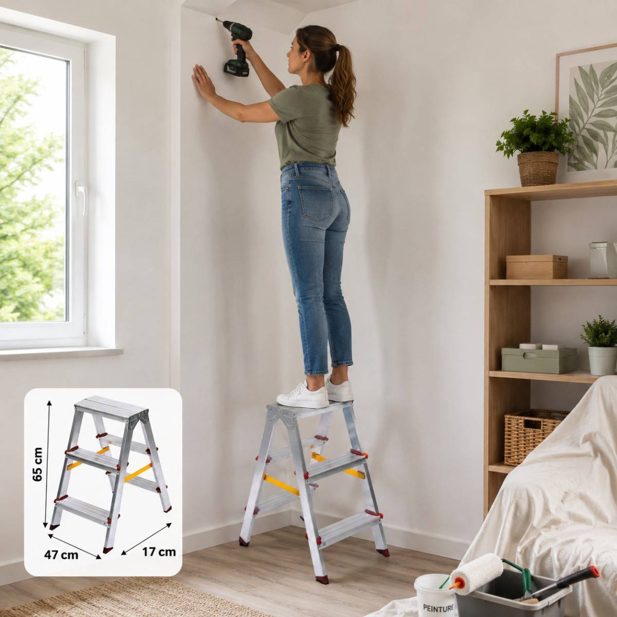Escabeau Double 3 Marches Aluminium Pliable 65 cm – Marchepied Stable Antidérapant Charge 150 kg pour Bricolage et Travaux VITO - Image 2