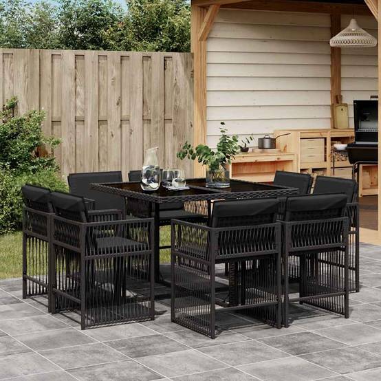 ComfortXL - Salon de Jardin Encastrable 8 Personnes Noir, Rangement Compact, Table Carrée Verre et Coussins Noirs Inclus – ComfortXL Outdoor Living - Image 1