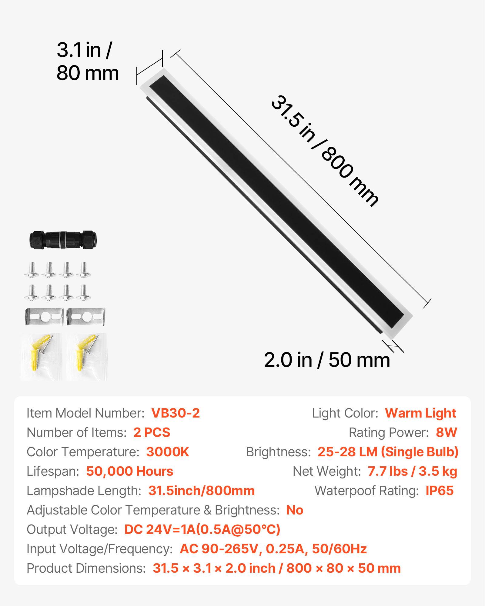 VEVOR Applique Murale d'Extérieur Éclairage Moderne LED 8 W Lot de 2 80 cm IP65 - Image 7