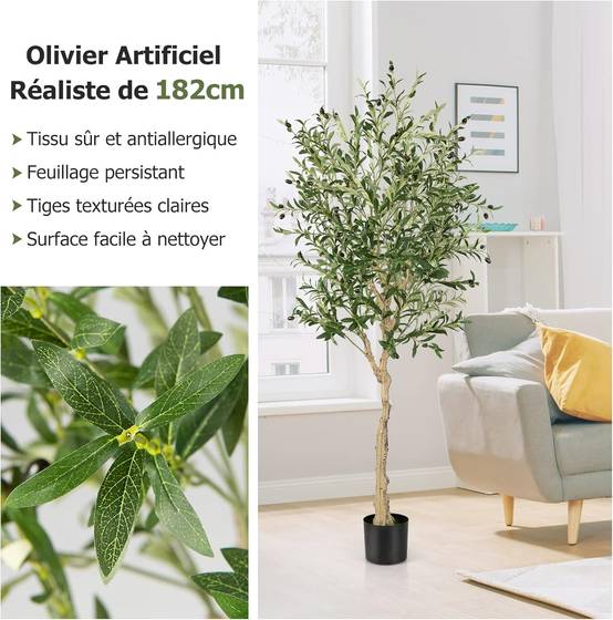 Lot de 1 Plante Artificielle en Pot Hauteur 185CM, Olivier Artificiel 1296 Feuilles en Soie 72 Fruits avec Base de Ciment Décoration - Image 7