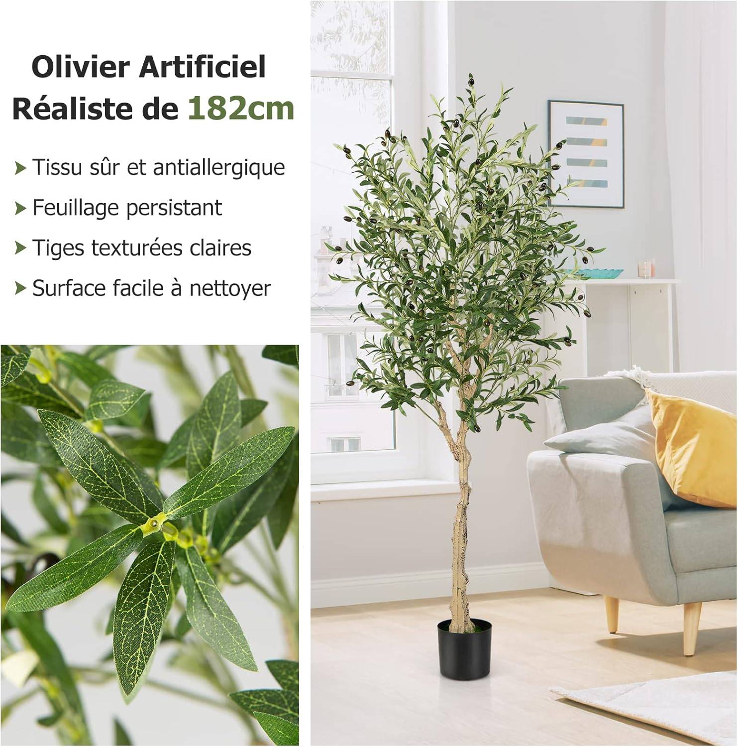 Lot de 1 Plante Artificielle en Pot Hauteur 185CM, Olivier Artificiel 1296 Feuilles en Soie 72 Fruits avec Base de Ciment Décoration - Image 7