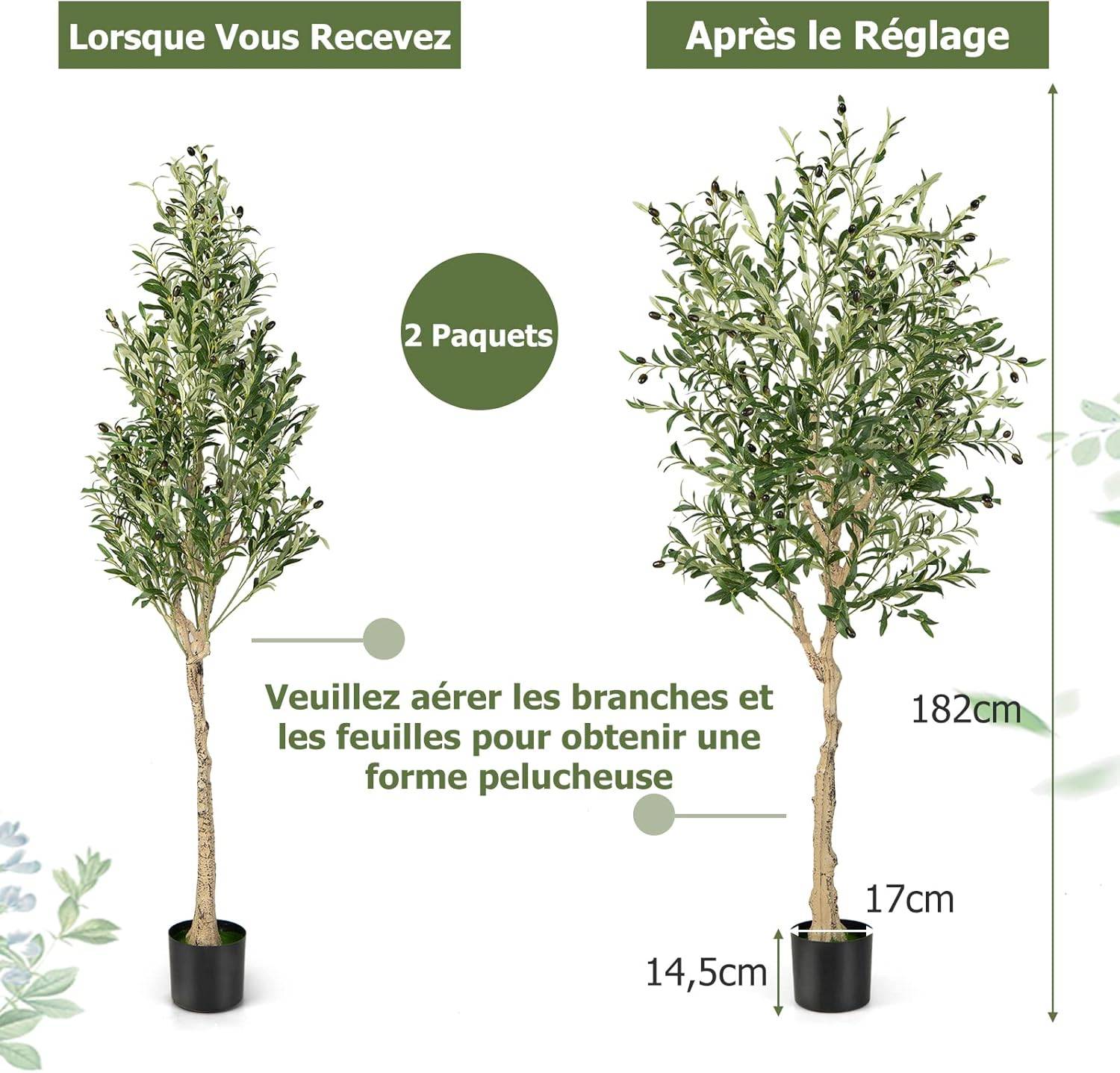 Lot de 1 Plante Artificielle en Pot Hauteur 185CM, Olivier Artificiel 1296 Feuilles en Soie 72 Fruits avec Base de Ciment Décoration - Image 5