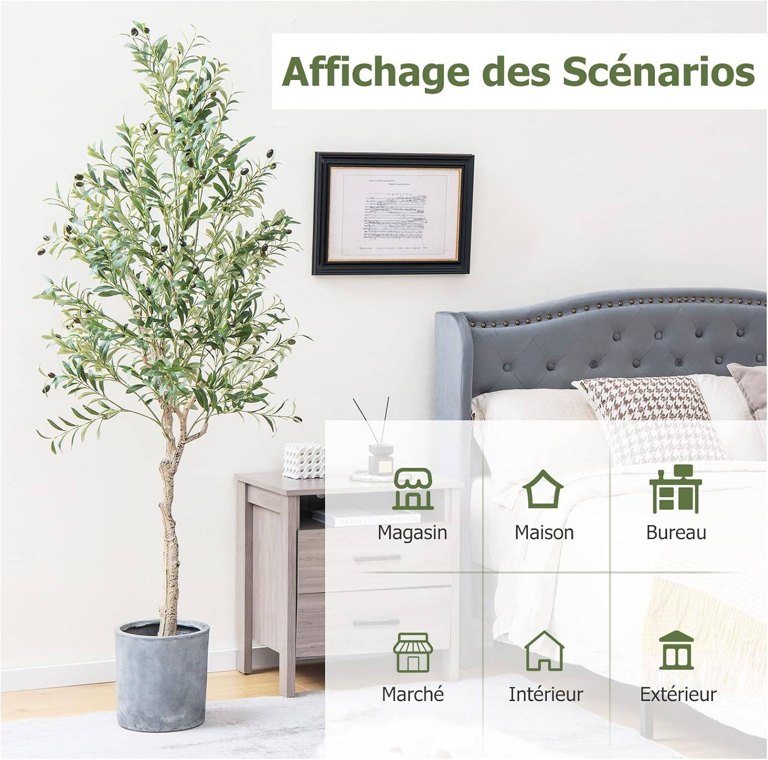 Lot de 1 Plante Artificielle en Pot Hauteur 185CM, Olivier Artificiel 1296 Feuilles en Soie 72 Fruits avec Base de Ciment Décoration - Image 8