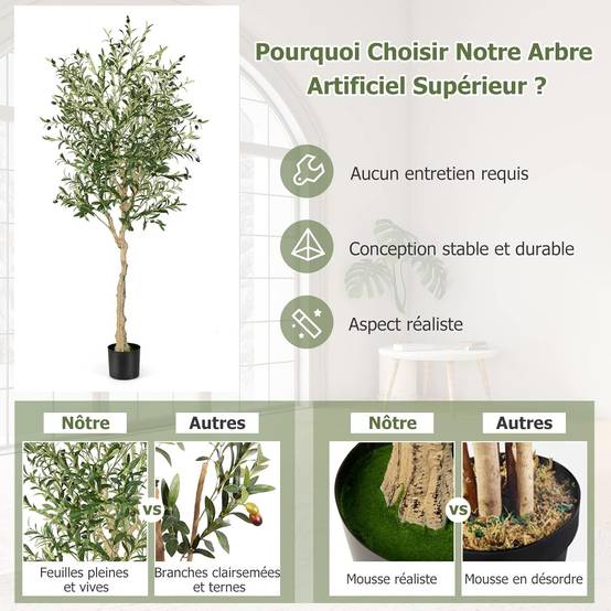 Lot de 1 Plante Artificielle en Pot Hauteur 185CM, Olivier Artificiel 1296 Feuilles en Soie 72 Fruits avec Base de Ciment Décoration - Image 4