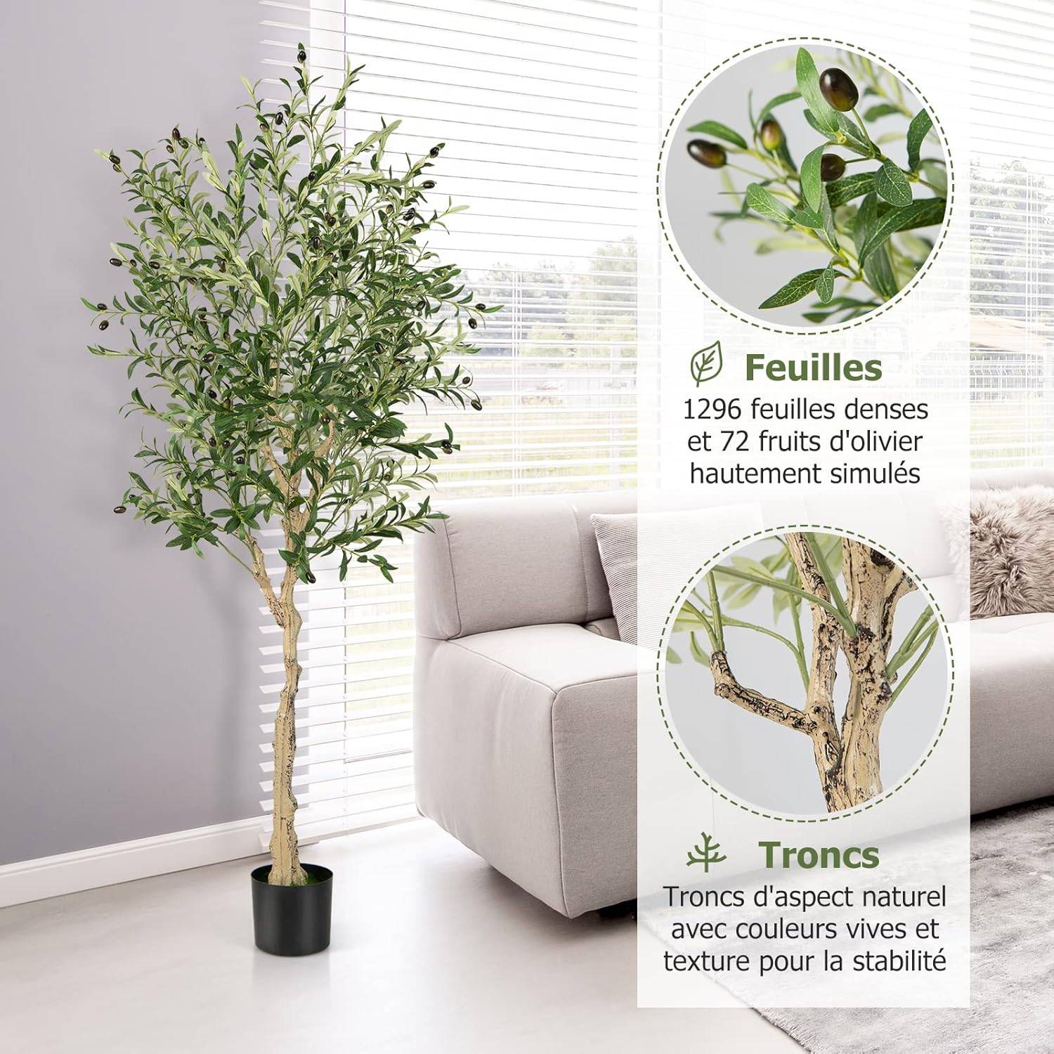 Lot de 1 Plante Artificielle en Pot Hauteur 185CM, Olivier Artificiel 1296 Feuilles en Soie 72 Fruits avec Base de Ciment Décoration - Image 3