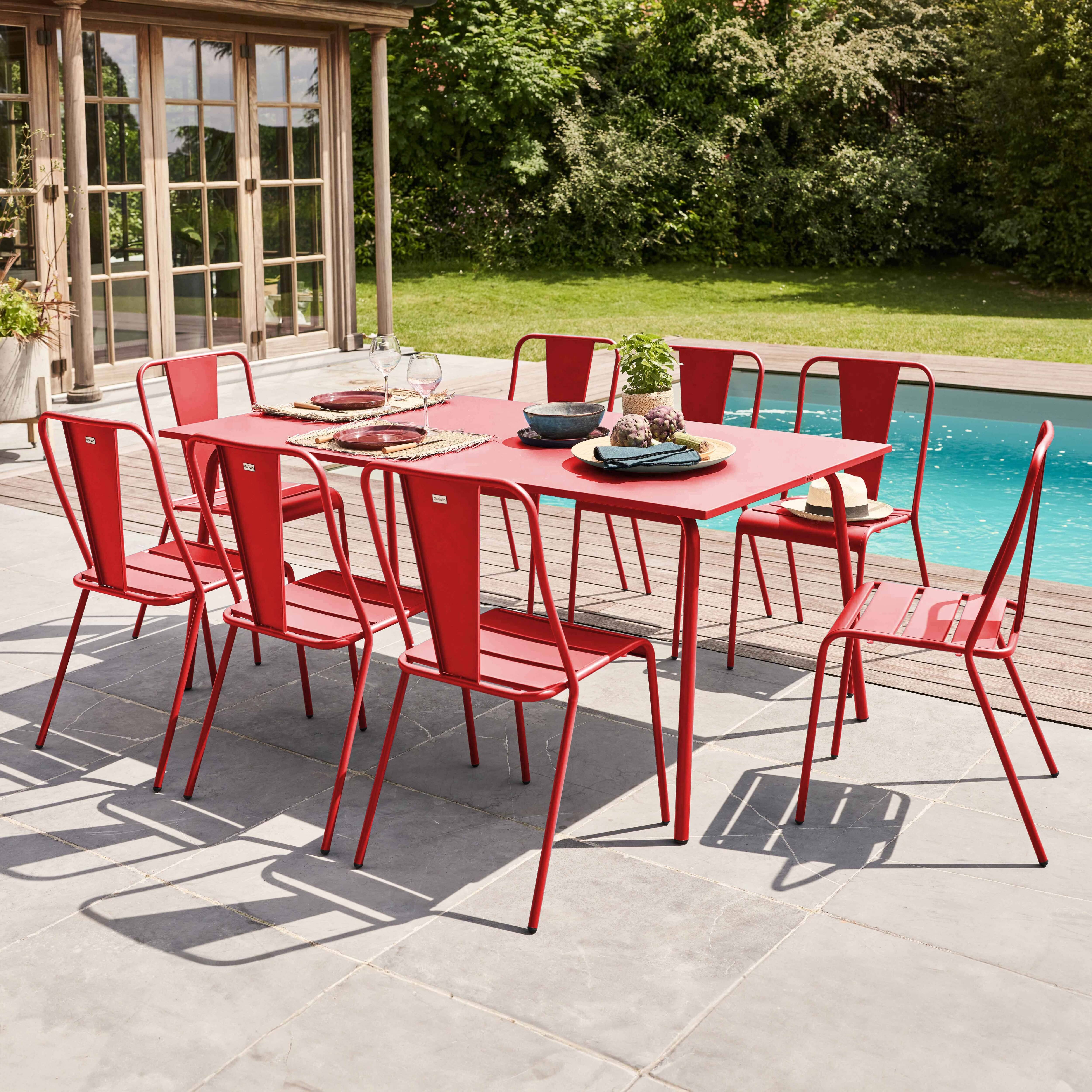 Oviala - Ensemble table de jardin et 8 chaises bistrot en acier rouge Palavas - Oviala - Imagen 2