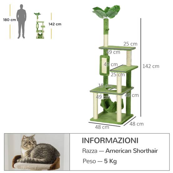 Arbre à chat avec hamac, balle et griffoir en sisal, 49 x 49 x 142 cm, vert - Image 5