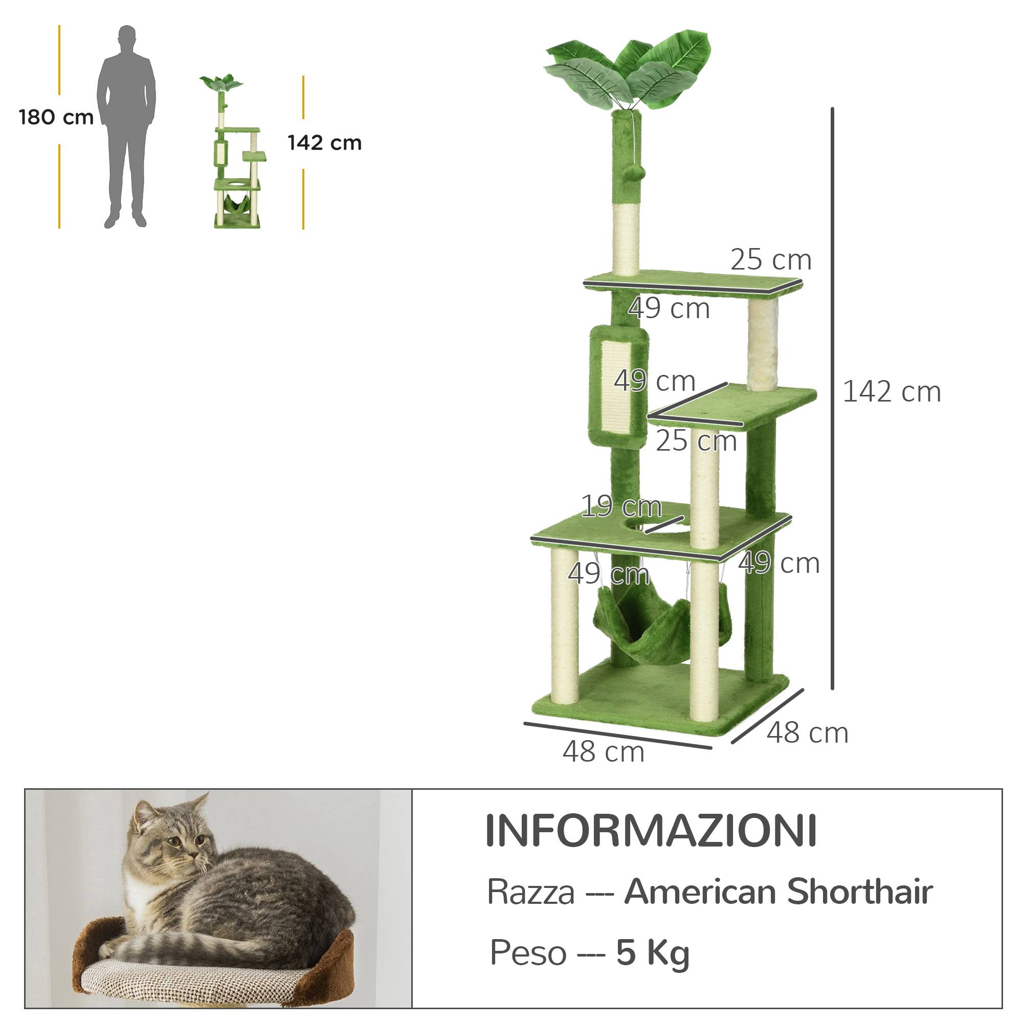 Arbre à chat avec hamac, balle et griffoir en sisal, 49 x 49 x 142 cm, vert - Image 5