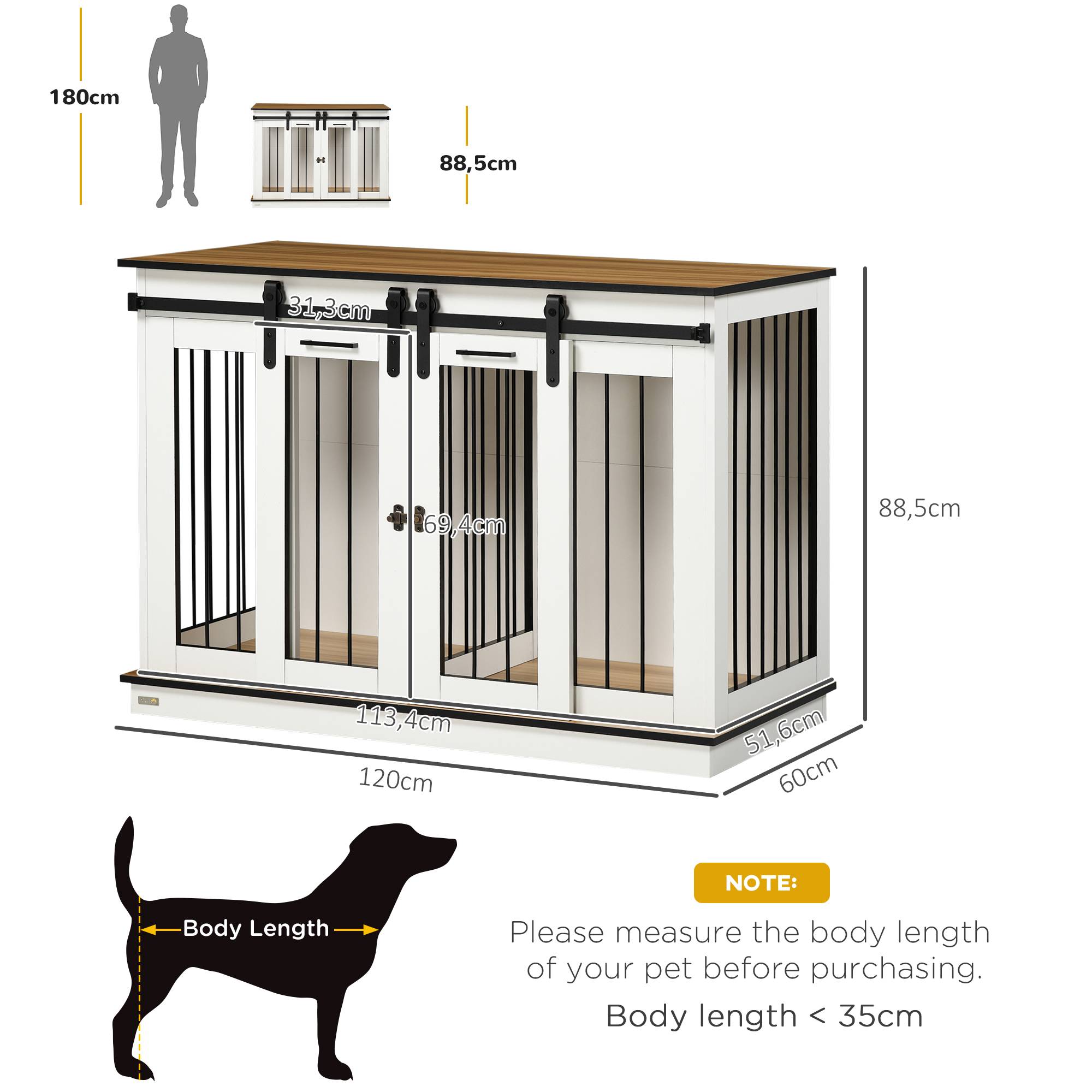 Cage pour chien en bois et métal blanc 120 x 60 x 88.5 cm - PANGIVO - Image 3