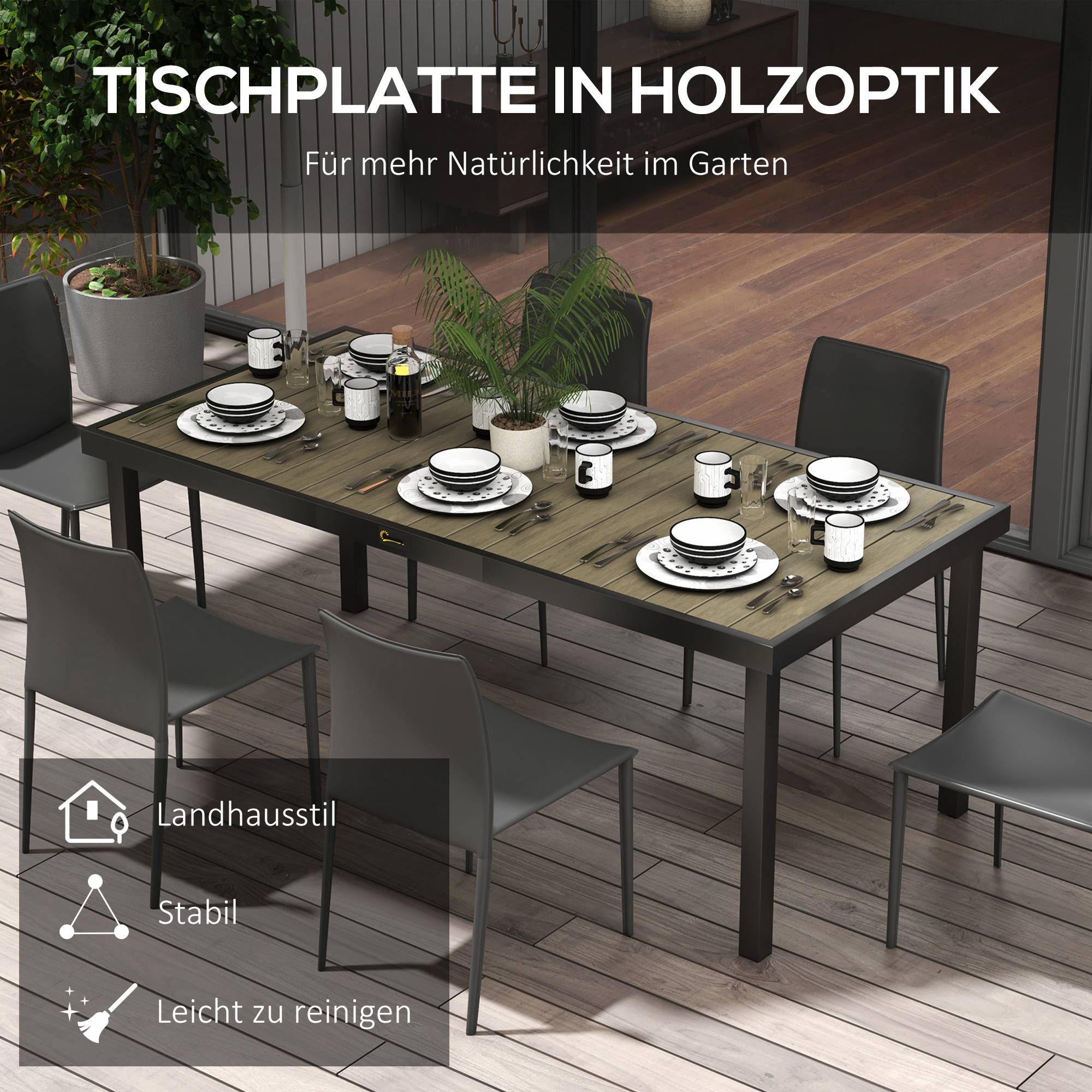 Table buffet aluminium aspect bois 190x90cm antidérapante, 8 personnes extérieur jardin terrasse - Image 4