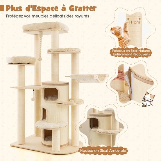 Arbre à Chat 173CM 3 Condos 2 Perchoirs Hamac Tour à chat Griffoir Poteaux sisal boule à ressort - Image 2