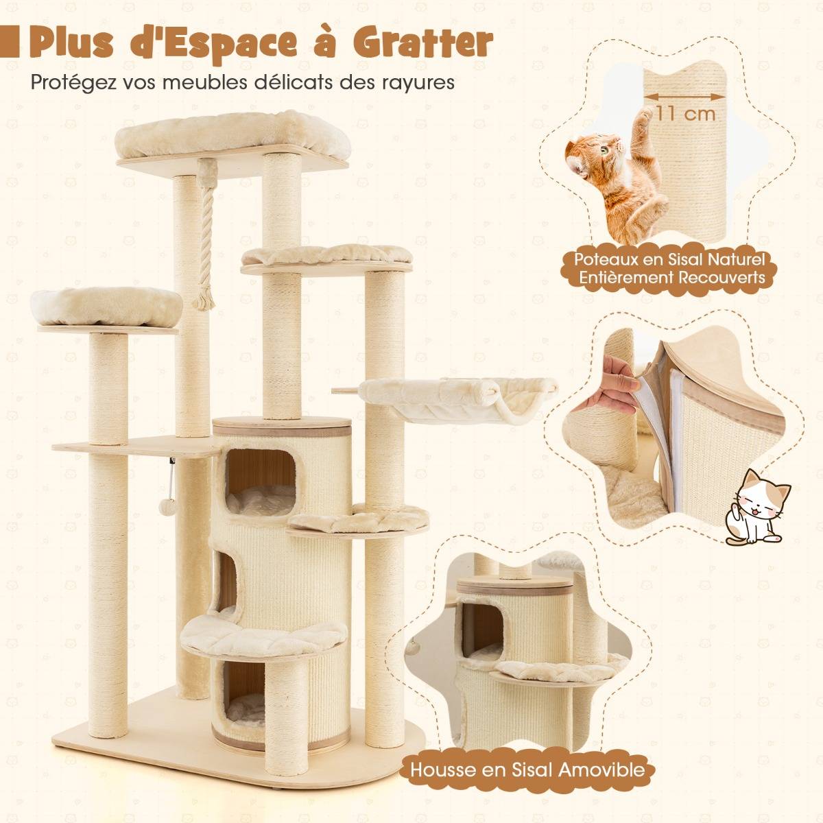 Arbre à Chat 173CM 3 Condos 2 Perchoirs Hamac Tour à chat Griffoir Poteaux sisal boule à ressort - Image 2