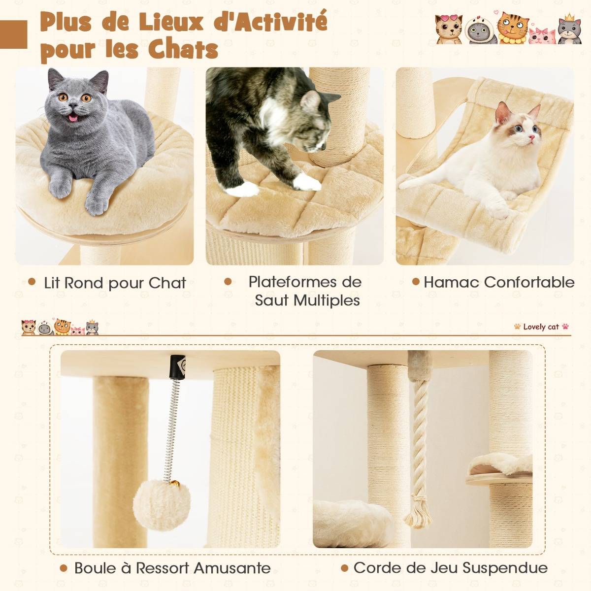 Arbre à Chat 173CM 3 Condos 2 Perchoirs Hamac Tour à chat Griffoir Poteaux sisal boule à ressort - Image 7