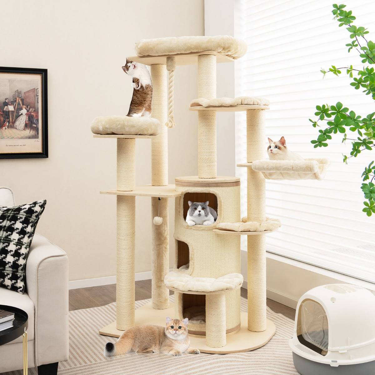 Arbre à Chat 173CM 3 Condos 2 Perchoirs Hamac Tour à chat Griffoir Poteaux sisal boule à ressort - Image 3