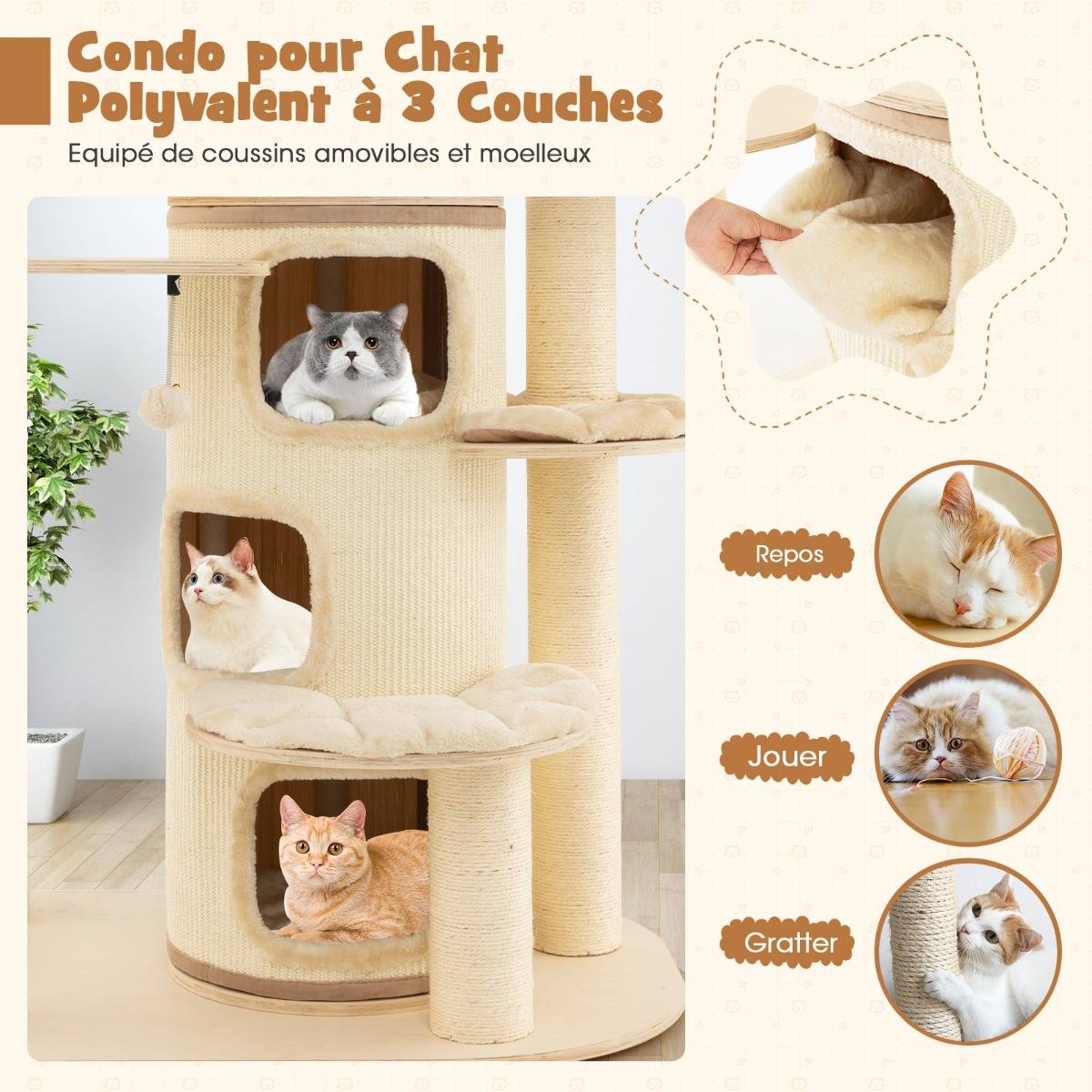 Arbre à Chat 173CM 3 Condos 2 Perchoirs Hamac Tour à chat Griffoir Poteaux sisal boule à ressort - Image 6