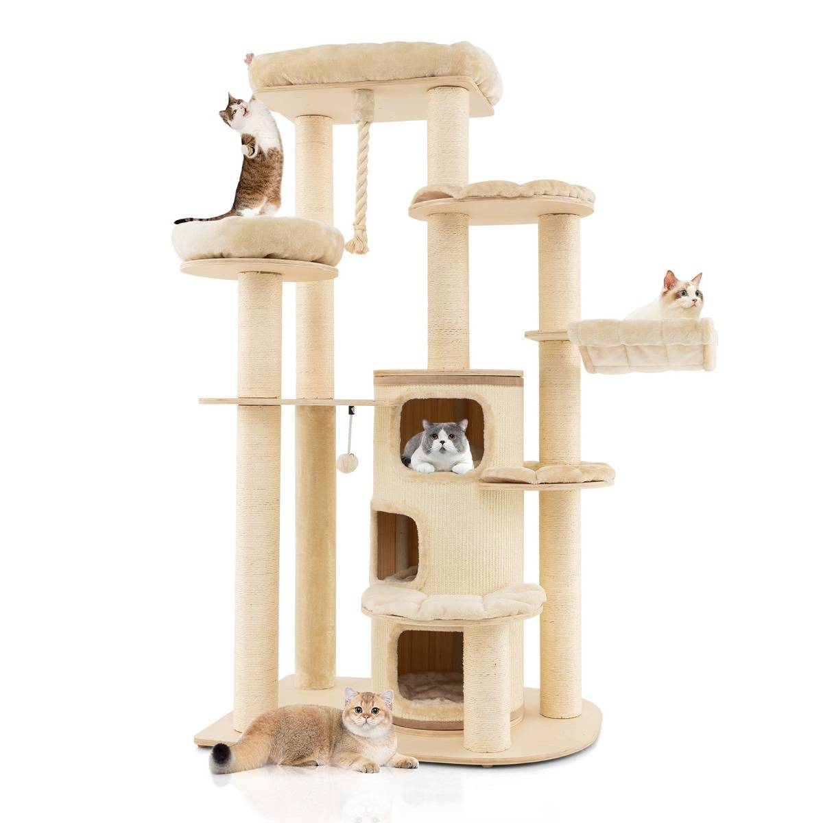 Arbre à Chat 173CM 3 Condos 2 Perchoirs Hamac Tour à chat Griffoir Poteaux sisal boule à ressort - Image 1