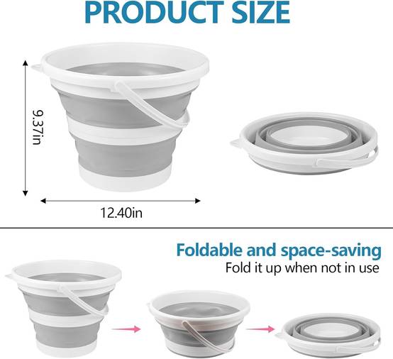 Seau pliable en silicone pour camping,seau en plastique, voyages, lavage de voiture et usage domestique (gris) (10 L)-Lytech - Image 2