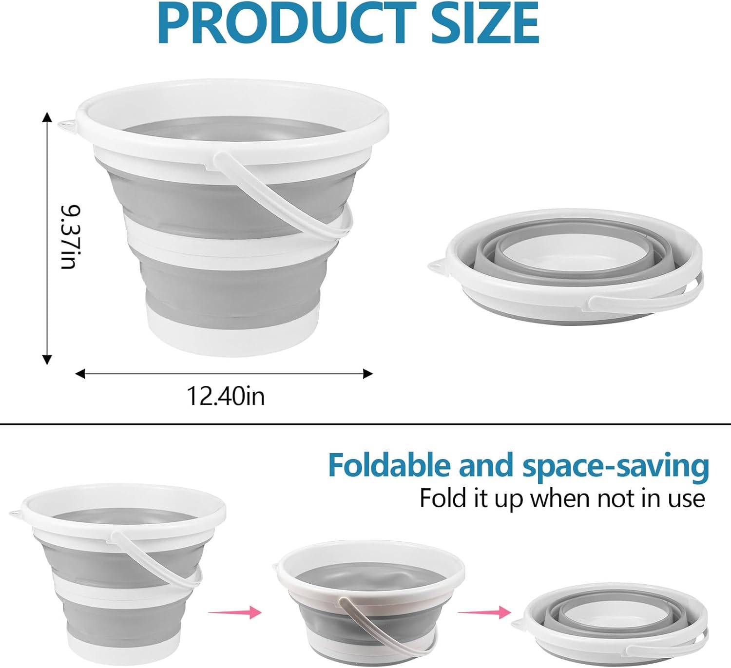 Seau pliable en silicone pour camping,seau en plastique， voyages, lavage de voiture et usage domestique (gris) (10 L)-Lytech - Image 2