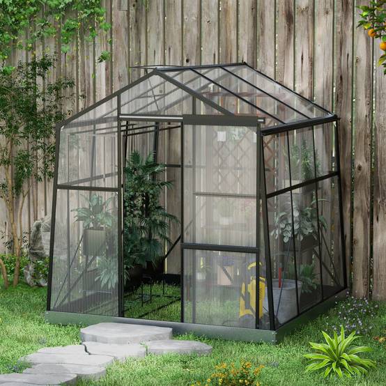 Serre de jardin en polycarbonate et aluminium noir 192 x 192 x 204 cm - PANGIVO - Image 4