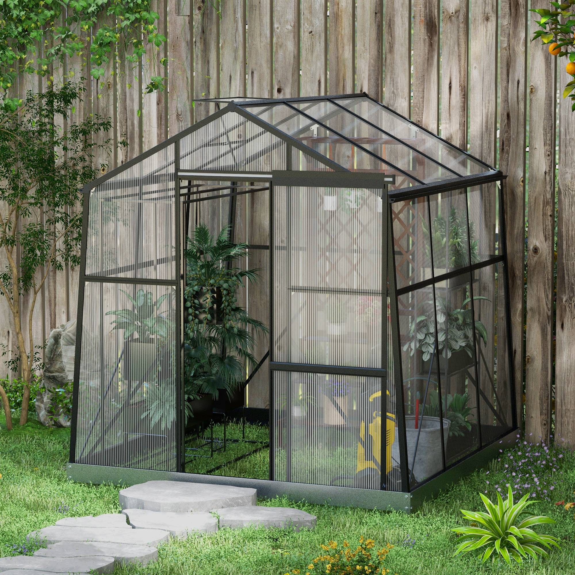 Serre de jardin en polycarbonate et aluminium noir 192 x 192 x 204 cm - PANGIVO - Image 4
