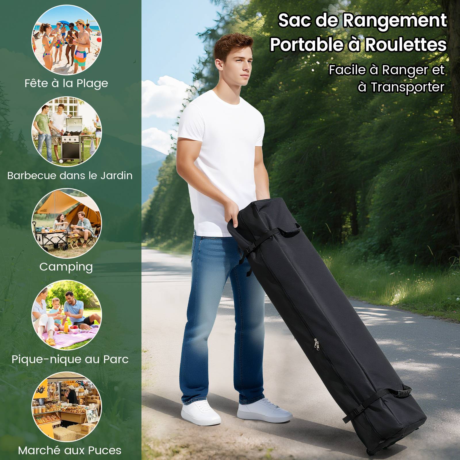 Tente Pliante 6 x 3M, Tonnelle Pop-up Portable d'Extérieur avec Sac à Roulettes, 12 Piquets, 6 Cordes Coupe-Vent, 6 Sacs de Sable, pour Camping, Blanc - Image 5
