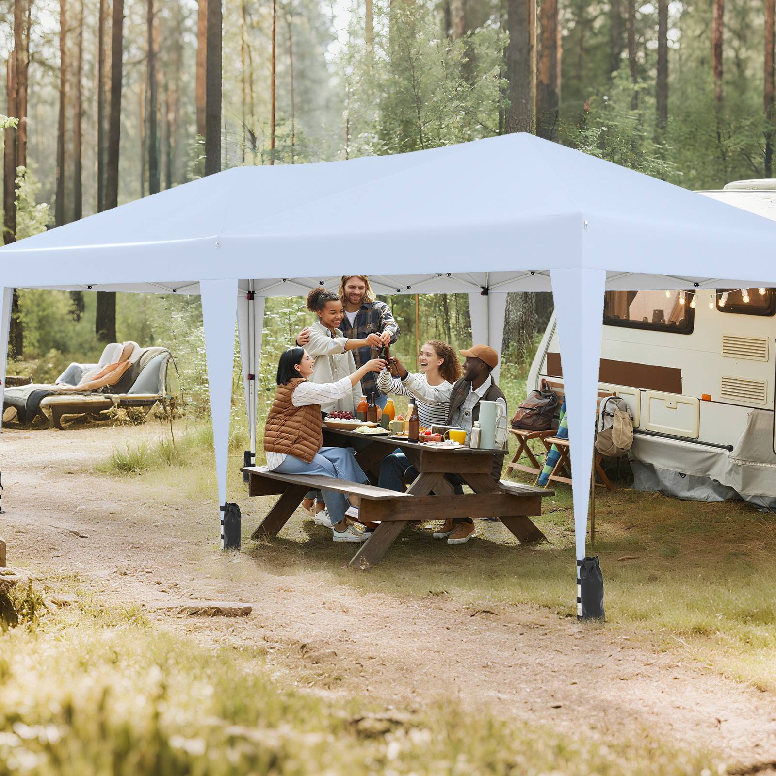 Tente Pliante 6 x 3M, Tonnelle Pop-up Portable d'Extérieur avec Sac à Roulettes, 12 Piquets, 6 Cordes Coupe-Vent, 6 Sacs de Sable, pour Camping, Blanc - Image 3