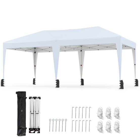 Tente Pliante 6 x 3M, Tonnelle Pop-up Portable d'Extérieur avec Sac à Roulettes, 12 Piquets, 6 Cordes Coupe-Vent, 6 Sacs de Sable, pour Camping, Blanc - Image 1